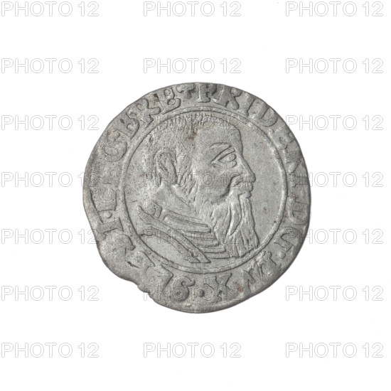 Male bust in armour turned right with a beard and sideburns; in the rim between the pearly borders an inscription beginning with a trefoil 'FRIDERI.D:G.DVX.SL, G.BRE...' and another inscription 'VERB.DOMI.MA, ERN.I544' — 1544. Depicts Frederick II (Duke of Brzeg-Legnica; 1480–1547); Silesian eagle; Piast family iconography; bust portrait of the ruler in armor facing right. Silesia, Duchy of Brzeg-Legnica-Wolów, Legnica. Coin; diameter 21.8 mm; weight 1.90 g; axis 260°. Maker: Michael Stoltz (fl. ca. 1540–1555).