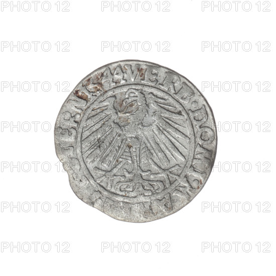 Male bust in armour turned right with a beard and sideburns; in the rim between the pearly borders an inscription beginning with a trefoil 'FRIDERI.D:G.DVX.SL, G.BRE' and on reverse rim inscription 'VERB.DOMI.MA, ERN.I544'; Silesian eagle; iconography: Frederick II (Duke of Brzeg-Legnica; 1480–1547) — busts, portraits of the ruler in armor; maker: Michael Stoltz (fl. ca. 1540–1555); date: 1544; region: Silesia, Duchy of Brzeg-Legnica-Wolów, Legnica; material: coin; diameter 21.8 mm; weight 1.90 g; axis 260°.