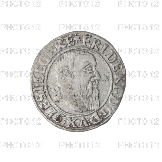 Male bust in armour turned right with a beard and sideburns; obverse rim between pearly borders with inscription beginning FRIDERI.D:G.DVX.SLESI.LEG.BRE. Reverse Silesian eagle; reverse rim between pearly borders with inscription VERB.DOMI.MANET.IN.ETERN.I544. Coin dated 1544. Maker: Michael Stoltz (fl. ca. 1540–1555). Subject: Frederick II, Duke of Brzeg-Legnica (1480–1547) — portrait/bust of the ruler in armor; iconography includes eagles and the Silesian eagle; Piast family. Silesia, Duchy of Brzeg-Legnica-Wolów, Legnica. Coin; diameter 23.0 mm; weight 1.79 g; axis 135°.