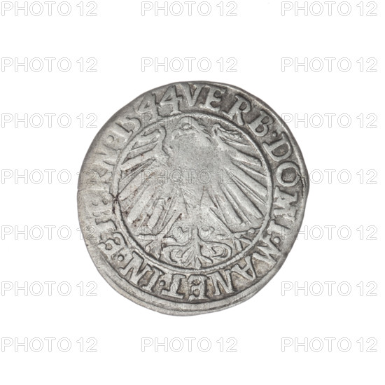Obverse: Male bust in armour turned right with a beard and sideburns; in the rim between the pearly borders an inscription beginning with a trefoil 'FRIDERI.D:G.DVX.SLESI.LEG.BRE'. Reverse: Silesian eagle; in the rim between the pearly borders an inscription 'VERB.DOMI.MANET.IN.ETERN.I544'. Maker: Michael Stoltz (fl. ca. 1540–1555). Subject: Frederick II, Duke of Brzeg-Legnica (1480–1547) — portrait/bust of the ruler in armor. Date: 1544. Place: Silesia, Duchy of Brzeg-Legnica-Wolów, Legnica. Object: coin; diameter 23.0 mm; weight 1.79 g; axis 135°. Iconography: Silesian eagle; Piast family.