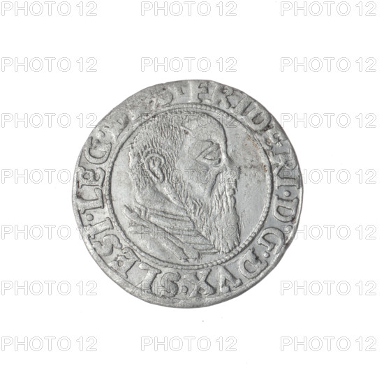 Obverse: male bust in armor turned right with a beard and sideburns; in the rim between pearly borders an inscription beginning with a trefoil 'FRIDERI.DGDVX.SLESI.LEG.' Reverse: Silesian eagle; in the rim between pearly borders an inscription 'VERB.DO, MANET.IN.ETERN.' Date: 1544. Maker: Grosz, Stoltz, Michael (fl. ca. 1540–1555). Subject/identification: Frederick II, Duke of Brzeg–Legnica (1480–1547); Piast family; iconography includes busts and portraits of the ruler, portrait of the ruler in armor. Place: Silesia, Duchy of Brzeg–Legnica–Wolów, Legnica. Object: coin; diameter 22.0 mm; weight 1.83 g; axis 270°.