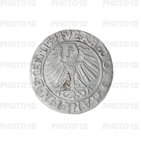 Artist: Michael Stoltz (fl. ca. 1540–1555).  WQXBCFS
I:\nmw crop ready cleaned\Work: Coin (grosz), 1544.  WQXBCFS
I:\nmw crop ready cleaned\Obverse: Male bust in armor turned right with beard and sideburns; rim between pearly borders bears inscription beginning with a trefoil 'FRIDERI.DGDVX.SLESI.LEG.'  WQXBCFS
I:\nmw crop ready cleaned\Reverse: Silesian eagle; rim between pearly borders bears inscription 'VERB.DO, MANET.IN.ETERN.'  WQXBCFS
I:\nmw crop ready cleaned\Subject/identity: Frederick II, Duke of Brzeg–Legnica (1480–1547); Piast dynasty; Silesian iconography.  WQXBCFS
I:\nmw crop ready cleaned\Place: Legnica, Duchy of Brzeg–Legnica–Wolów, Silesia.  WQXBCFS
I:\nmw crop ready cleaned\Physical: Diameter 22.0 mm; weight 1.83 g; axis 270°.