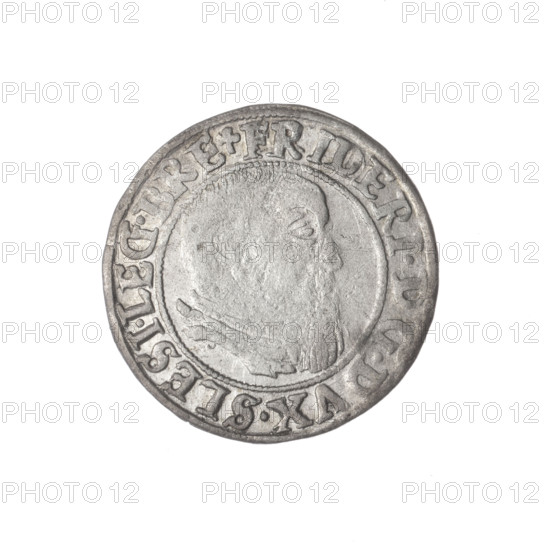 Obverse: Male bust in armour turned right with a beard and sideburns; in the rim between the pearly borders an inscription beginning with a trefoil 'FRIDERI.D:G.DVX.SLESI.LEG.BRE'. Reverse: Silesian eagle; in the rim between the pearly borders an inscription 'VERB.DOMI.MANET.IN.ETERN.' Date: 1544. Maker/attribution: Michael Stoltz (fl. ca. 1540–1555). Subject/figure: Frederick II, Duke of Brzeg–Legnica (1480–1547), Piast dynasty. Type/medium: coin (Duchy of Brzeg–Legnica–Wolów, Legnica). Measurements: diameter 22.8 mm; weight 1.84 g; axis 330°.