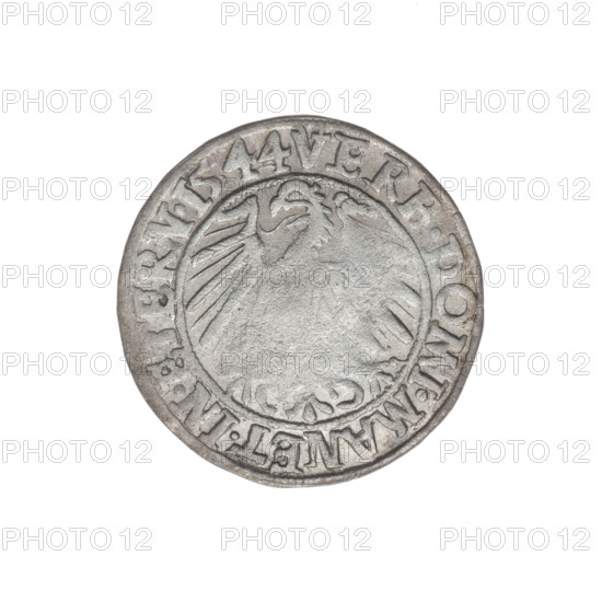 Obverse: Male bust in armour turned right with a beard and sideburns; in the rim between the pearly borders an inscription beginning with a trefoil FRIDERI.D:G.DVX.SLESI.LEG.BRE. Reverse: Silesian eagle; in the rim between the pearly borders an inscription VERB.DOMI.MANET.IN.ETERN.I544. Maker: grosz, Stoltz, Michael (fl. ca. 1540–1555). Subject: Frederick II (Duke of Brzeg–Legnica; 1480–1547), Piasts; iconography: busts/portraits of the ruler in armour. Date: 1544. Place: Silesia, Duchy of Brzeg–Legnica–Wolów, Legnica. Object: coin; diameter 22.8 mm; weight 1.84 g; axis 330°.