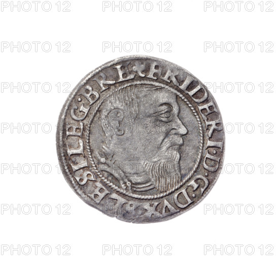Obverse: Male bust in armour turned right with a beard and sideburns; in the rim between pearly borders an inscription beginning with a trefoil 'FRIDERI.DGDVX.SLESI.LEG.BRE'. Reverse: Silesian eagle; in the rim between pearly borders an inscription 'VERB.DOMI:MANET.IN.ETERN.I545.' Date: 1545. Maker: Michael Stoltz (fl. ca. 1540–1555). Subject: Frederick II, Duke of Brzeg-Legnica (1480–1547), portrait of the ruler in armour, bust to the right; iconography includes Silesian eagle and Piast dynasty. Type: coin. Dimensions/weight: diameter 22.4 mm, weight 1.87 g; axis 225°. Location: Silesia, Duchy of Brzeg-Legnica-Wolów, Legnica.
