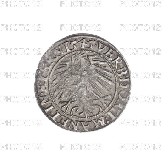 Obverse: Male bust in armour turned right with a beard and sideburns; in the rim between the pearly borders an inscription beginning with a trefoil FRIDERI.DGDVX.SLESI.LEG.BRE. Reverse: Silesian eagle; in the rim between the pearly borders an inscription VERB.DOMI:MANET.IN.ETERN.I545. Maker: Michael Stoltz (fl. ca. 1540–1555). Subject: Frederick II, Duke of Brzeg–Legnica (1480–1547). Iconography: Silesian eagle; busts of the ruler; portraits of the ruler in armor; Piast dynasty. Date: 1545. Type: coin (diameter 22.4 mm, weight 1.87 g, axis 225°).