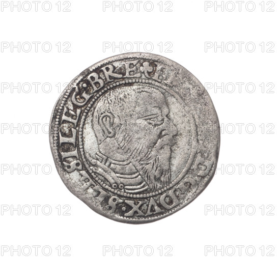Male bust in armour turned right with a beard and sideburns; rim between pearly borders with inscription beginning with a trefoil F .G.DVX.SLESI.LEG.BRE; reverse Silesian eagle; rim inscription VERB., MANET.IN.ETERN. I545. 1545. Maker: Grosz, Stoltz, Michael (fl. ca. 1540–1555). Subject: Frederick II (Duke of Brzeg-Legnica; 1480–1547). Iconography: eagles, Silesian eagle, Piasts (family), portraits of rulers, portraits of the ruler in armor, busts of the ruler, busts of the ruler to the right. Medium: coin. Diameter 23.0 mm; weight 1.77 g; axis 180 degrees. Silesia, Duchy of Brzeg-Legnica-Wolów, Legnica.