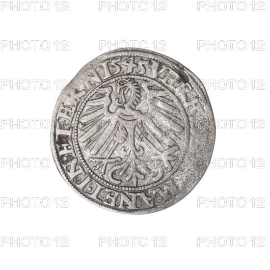 Male bust in armour turned right with a beard and sideburns; in the rim between the pearly borders an inscription beginning with a trefoil F, .G.DVX.SLESI.LEG.BRE; reverse Silesian eagle; in the rim between the pearly borders an inscription VERB., MANET.IN.ETERN. I545. 1545. Maker: Michael Stoltz (fl. ca. 1540–1555). Subject: Frederick II, Duke of Brzeg–Legnica (1480–1547). Iconography: eagles, Silesian eagle; Piast family; portraits of rulers; portraits of the ruler in armor; busts of the ruler turned right. Type: coin (diameter 23.0 mm; weight 1.77 g; axis 180°).