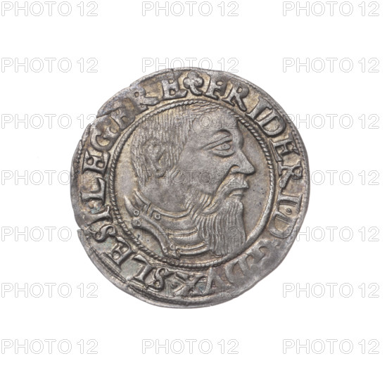 Obverse: Male bust in armour turned right with a beard and sideburns; in the rim between the pearly borders an inscription beginning with a trefoil FRIDERI.DGDVX.SLESI.LEG.BRE. Reverse: Silesian eagle; in the rim between the pearly borders an inscription VERB.DOMI:MANET., TERN.I545. Date: 1545. Maker: Michael Stoltz (fl. ca. 1540–1555). Subject: Frederick II, Duke of Brzeg–Legnica (1480–1547); Piast dynasty; portraits of ruler, busts, portraits of the ruler in armor. Type: coin. Place: Silesia, Duchy of Brzeg–Legnica–Wolów, Legnica. Dimensions: diameter 23.1 mm; weight 1.88 g; axis 0°.