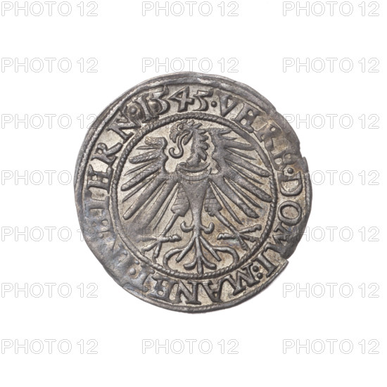 Artist: Michael Stoltz (fl. ca. 1540–1555).  WQXBCFS
I:\nmw crop ready cleaned\Object: Coin (grosz), 1545.  WQXBCFS
I:\nmw crop ready cleaned\Obverse: Male bust in armour turned right with beard and sideburns; in rim between pearly borders an inscription beginning with a trefoil 'FRIDERI.DGDVX.SLESI.LEG.BRE'.  WQXBCFS
I:\nmw crop ready cleaned\Reverse: Silesian eagle; in rim between pearly borders an inscription 'VERB.DOMI:MANET.' TERN.I545.  WQXBCFS
I:\nmw crop ready cleaned\Subject/attribution: Frederick II, Duke of Brzeg-Legnica (1480–1547); Piast family.  WQXBCFS
I:\nmw crop ready cleaned\Iconography/typology: portraits of ruler, busts of the ruler in armour; Silesian eagle.  WQXBCFS
I:\nmw crop ready cleaned\Materials/measurements: coin, diameter 23.1 mm, weight 1.88 g, axis 0°.  WQXBCFS
I:\nmw crop ready cleaned\Place/date: 1545, Silesia; Duchy of Brzeg-Legnica-Wolów, Legnica.