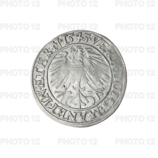 grosz, Stoltz, Michael (fl. ca. 1540-1555), Frederick II (Duke of Brzeg-Legnica; 1480-1547), eagles, Silesian eagle, Frederick II (Duke of Brzeg-Legnica; 1480-1547) - iconography, Piasts (family), busts, Frederick II (Duke of Brzeg-Legnica; 1480-1547), busts of the ruler, portraits, portraits of the ruler, portraits of the ruler in armor, busts of the ruler to the right, Obv. Male bust in armour turned right with beard and sideburns, in the rim between the pearly borders an inscription beginning with a trefoil FRIDERI.DGDVX.SLESI.LEG.BRE Rw. Silesian Eagle, in the rim between the pearly borders an inscription VERB.DOMI:MANET.IN.ETERN.I545., 1545, Silesia, Duchy of Brzeg-Legnica-Wolów, Legnica, coin, diameter 23.0 mm, weight 1.64 g, axis 135 degrees