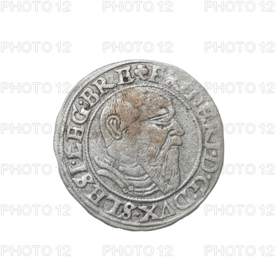 Obverse: Male bust in armour turned right, with a beard and sideburns; in the rim between the pearly borders an inscription beginning with a trefoil: .DGDVX.SLESI.LEG.BRE. Reverse: Silesian eagle; in the rim between the pearly borders an inscription: VERB.DOMI:MANET.IN.ETERN.I545. Date: 1545. Maker: Michael Stoltz (fl. ca. 1540–1555). Subject: Frederick II, Duke of Brzeg–Legnica (1480–1547) — portrait/bust of the ruler in armour; Piast family iconography. Type: coin; diameter 22.8 mm; weight 1.88 g; axis 180°. Region: Silesia, Duchy of Brzeg–Legnica–Wolów, Legnica.