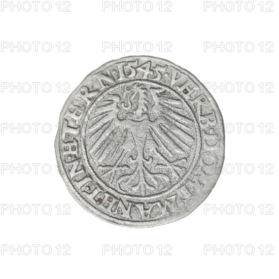Grosz, Stoltz, Michael (fl. ca. 1540–1555). Frederick II (Duke of Brzeg–Legnica; 1480–1547). Obverse: male bust in armour turned right, with beard and sideburns; in rim between pearly borders an inscription beginning with a trefoil, '.DGDVX.SLESI.LEG.BRE'. Reverse: Silesian eagle; in rim between pearly borders inscription 'VERB.DOMI:MANET.IN.ETERN.I545.' Date: 1545. Region: Silesia, Duchy of Brzeg–Legnica–Wolów (Legnica). Object: coin; diameter 22.8 mm; weight 1.88 g; axis 180°. Subjects/iconography: Frederick II; Piasts (family); busts and portraits of the ruler; portrait of the ruler in armour; Silesian eagle.