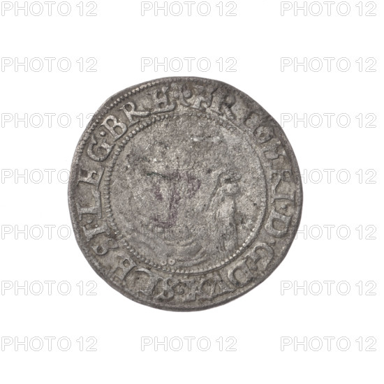 grosz, Stoltz, Michael (fl. ca. 1540-1555), Frederick II (Duke of Brzeg-Legnica; 1480-1547), eagles, Piasts (family), Silesian eagle, Frederick II (Duke of Brzeg-Legnica; 1480-1547) - iconography, busts, portraits, busts of the ruler, portraits of the ruler, portraits of the ruler in armor, busts of the ruler to the right. Obv. Male bust in armor turned right with beard and sideburns, in the rim between the pearly borders an inscription beginning with a trefoil FRIDERI.DGDVX.SLESI.LEG.BRE. Reverse. Silesian Eagle, in the rim between the pearly borders an inscription VERB.DOMI:MANET.IN.ETERN.I545. 1545. Silesia, Duchy of Brzeg-Legnica-Wolów, Legnica. Coin, diameter 23.0 mm, weight 1.73 g, axis 150 deg.