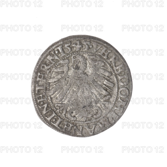 Obv. Male bust in armor turned right with beard and sideburns; in the rim between the pearly borders an inscription beginning with a trefoil FRIDERI.DGDVX.SLESI.LEG.BRE. Reverse. Silesian eagle; in the rim between the pearly borders an inscription VERB.DOMI:MANET.IN.ETERN.I545. 1545. Maker: Michael Stoltz (fl. ca. 1540–1555). Subject: Frederick II, Duke of Brzeg-Legnica (1480–1547) — bust/portrait of the ruler in armor, bust to the right. Iconography: eagles; Piasts (family); Silesian eagle. Medium: coin. Diameter 23.0 mm; weight 1.73 g; axis 150°. Location: Silesia, Duchy of Brzeg-Legnica-Wolów, Legnica.