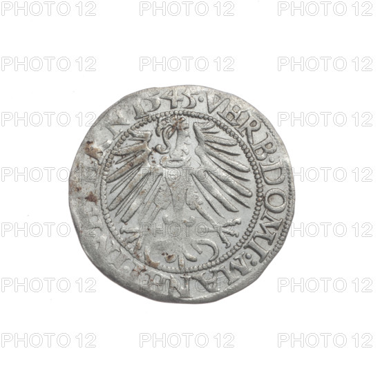 Grosz, Stoltz, Michael (fl. ca. 1540–1555). Frederick II (Duke of Brzeg-Legnica; 1480–1547). Obverse: male bust in armour turned right with a beard and sideburns; in the rim between the pearly borders an inscription beginning with a trefoil 'FRIDERI.DGDVX.SLESI.LEG.BRE'. Reverse: Silesian eagle; in the rim between the pearly borders an inscription 'VERB.DOMI:MANET.IN.ETERN.I545.' Date: 1545. Region: Silesia, Duchy of Brzeg-Legnica-Wolów, Legnica. Iconography: Frederick II; Piasts (family); portraits and busts of the ruler; portraits of the ruler in armor. Object: coin. Diameter: 22.0 mm. Weight: 1.91 g. Axis: 210°.