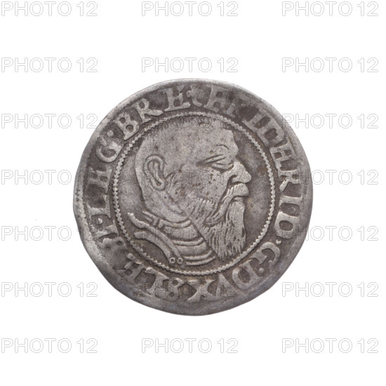 Obverse: Male bust in armour turned right with a beard and sideburns; in the rim between the pearly borders an inscription beginning with a trefoil: FRIDERI.DGDVX.SLESI.LEG.BRE. Reverse: Silesian eagle; in the rim between the pearly borders an inscription: VERB.DOMI:MANET.IN.ETERN. Date: 1545. Maker: Michael Stoltz (fl. ca. 1540–1555). Subject: Frederick II, Duke of Brzeg–Legnica (1480–1547) — portrait/bust of the ruler in armor; Piast dynastic iconography. Type: coin; diameter 23.0 mm; weight 2.04 g; axis 310°. Location: Silesia, Duchy of Brzeg–Legnica–Wolów, Legnica.