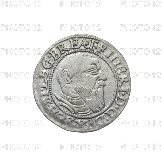 Male bust in armour turned right with a beard and sideburns; obverse rim between pearly borders with inscription beginning with a trefoil 'FRIDERI.DGDVX.SLESI.LEG.BRE'. Reverse Silesian eagle; reverse rim between pearly borders with inscription 'VERB.DOMI:MANET.IN.ETERN. I545.' Depicts Frederick II (Duke of Brzeg-Legnica; 1480–1547); iconography: eagles, Piasts, Silesian eagle; portraits and busts of the ruler, bust to the right; coin, 1545; Silesia, Duchy of Brzeg-Legnica-Wolów, Legnica; diameter 22.0 mm; weight 1.69 g; axis 90 degrees. Maker: Michael Stoltz (fl. ca. 1540–1555).