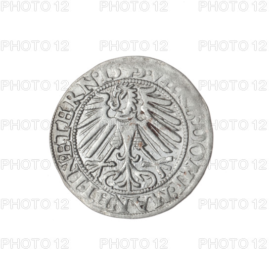 grosz; Stoltz, Michael (fl. ca. 1540–1555); Frederick II, Duke of Brzeg-Legnica (1480–1547); subject: male bust of the ruler in armour, turned right, with beard and sideburns; obverse: bust in armour to right within pearly border with inscription beginning with a trefoil 'FRIDERI.DGDVX.SLESI.LEG.BRE'; reverse: Silesian eagle within pearly border with inscription 'VERB.DOMI:MANET.IN.ETERN.I545.'; iconography: eagles, Piasts (family), Silesian eagle, portraits and busts of rulers; date: 1545; place: Silesia, Duchy of Brzeg-Legnica-Wolów, Legnica; object: coin (grosz); diameter 22.0 mm; weight 1.69 g; axis 90°.