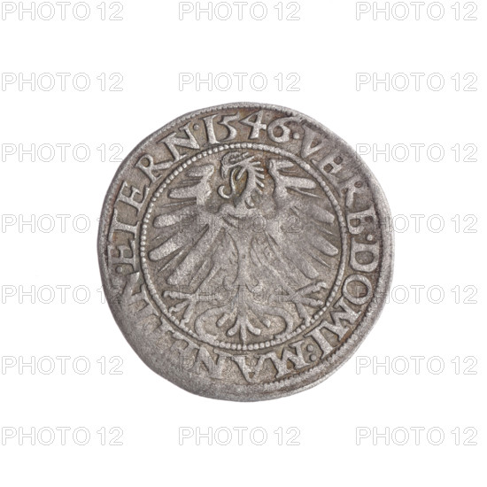 grosz, Frederick II (Duke of Brzeg-Legnica; 1480-1547), Stoltz, Michael (fl. ca. 1540-1555), Frederick II (Duke of Brzeg-Legnica; 1480-1547), eagles, Piasts (family), Silesian eagle, Frederick II (Duke of Brzeg-Legnica; 1480-1547) - iconography, busts, portraits of rulers, portraits of the ruler in armor, portraits, busts of the ruler to the right, busts of the ruler. Obv. Male bust in armor turned right with beard and sideburns, in the rim between the pearly borders an inscription beginning with a trefoil FRIDERI.DGDVX, I.LEG.BRE. Rv. Silesian Eagle, in the rim between the pearly borders an inscription VERB.DOMI:MAN, N.ETERN. 1546. 1546. Silesia, Duchy of Brzeg-Legnica-Wolów, Legnica. Coin; diameter 22.9 mm; weight 1.79 g; axis 270°.