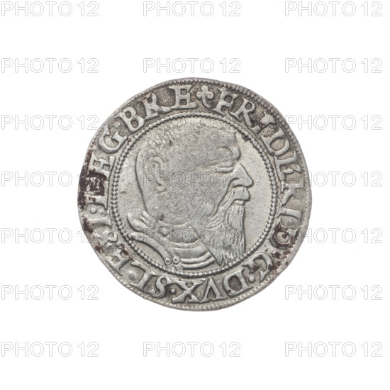 Male bust in armour turned right with a beard and sideburns; in the rim between the pearly borders an inscription beginning with a trefoil 'FRIDERI.DGDVX.SLESI.LEG.BRE'. Reverse: Silesian eagle; in the rim between the pearly borders an inscription 'VERB.DOMI:MANET.IN.ETERN.I546.' Maker: grosz, Stoltz, Michael (fl. ca. 1540–1555). Subject: Frederick II (Duke of Brzeg-Legnica; 1480–1547), Piasts; iconography: bust/portrait of ruler in armour facing right. Date: 1546. Place: Silesia, Duchy of Brzeg-Legnica-Wolów, Legnica. Object: coin; diameter 22.2 mm; weight 1.57 g; axis 135 degrees.