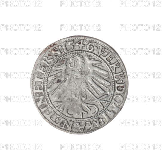 Male bust in armour turned right with a beard and sideburns; obverse rim between pearly borders with inscription beginning FRIDERI.DGDVX.SLESI.LEG.BRE. Reverse Silesian eagle; reverse rim between pearly borders with inscription VERB.DOMI:MANET.IN.ETERN.I546. Minted 1546. Maker: Grosz, Stoltz, Michael (fl. ca. 1540–1555). Subject: Frederick II, Duke of Brzeg-Legnica (1480–1547); Piast eagles iconography; portraits/busts of ruler in armour facing right. Medium: coin; diameter 22.2 mm; weight 1.57 g; axis 135 degrees. Silesia, Duchy of Brzeg-Legnica-Wolów, Legnica.
