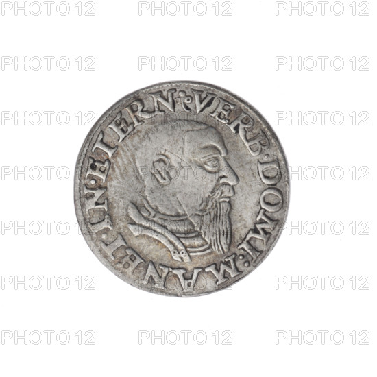 Trojak by Michael Stoltz (fl. ca. 1540–1555) depicting Frederick II, Duke of Brzeg-Legnica (1480–1547). Male bust in armour turned right, with a beard and sideburns. Obverse: in the rim, in a pearl border, an inscription beginning with a trefoil VERB.DOMI:MANET.IN.ETERN. Reverse: in the continuous border an inscription in six lines with numerals of value and date and trefoils reading III/GROSS:A, /, RIP:FRI, /DVC:SLES/LEG:BRE, /I, 43, 1543. Piast dynasty; portrait/bust iconography of the ruler. Silesia, Duchy of Brzeg-Legnica-Wolów, Legnica. Coin; diameter 21.3 mm, weight 2.22 g, axis 45°.