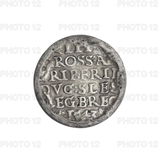 Trojak; maker: Stoltz, Michael (fl. ca. 1540–1555). Obverse: bust of Frederick II (Duke of Brzeg-Legnica; 1480–1547) in armour, turned right, with beard and sideburns; rim with pearl border and inscription beginning with a trefoil VERB.DOMI:MANET.IN.ETERN. Reverse: continuous border inscription in six lines with numerals of value and date and trefoils reading III/GROSS:A, /, RIP:FRI, /DVC:SLES/LEG:BRE, /I, 43, 1543. Iconography: portraits, portraits of the ruler in armor, busts of the ruler to the right. Subject: Frederick II, Piasts (family). Function: coin. Material/measurements: Silesia (Duchy of Brzeg-Legnica-Wolów), Legnica; diameter 21.3 mm; weight 2.22 g; axis 45°.