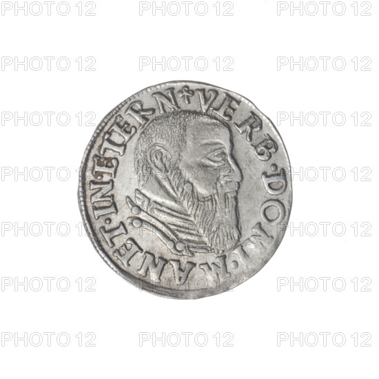 Trojak; maker: Stoltz, Michael (fl. ca. 1540–1555). Obverse: bust of Frederick II, Duke of Brzeg-Legnica (1480–1547), male bust in armour turned right, with beard and sideburns; rim with a pearl border and an inscription beginning with a trefoil: 'VERB.DOMI:MANET.IN.ETERN'. Reverse: continuous border inscription in six lines with numerals of value and date and trefoils: 'III/.GROSS.A,/TRIP.FRID/DVC.SLES./LEG.BREG./I.5.4.4.' Date: 1544. Region: Silesia, Duchy of Brzeg–Legnica–Wolów, Legnica. Coin; diameter 21.2 mm; weight 2.21 g; axis 180 degrees. Subjects/styles: Piasts family; busts; busts of the ruler; portraits of rulers; portrait of the ruler in armor; iconography of Frederick II.