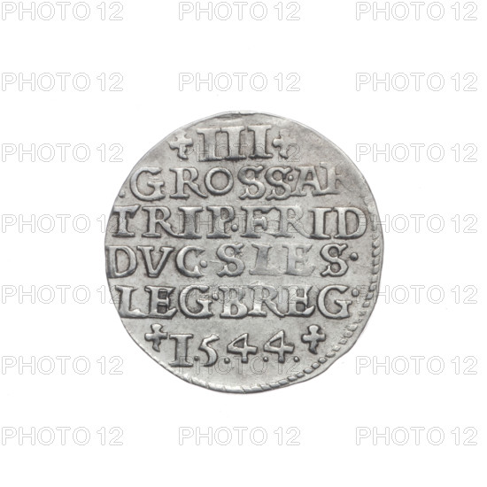 Trojak by Michael Stoltz (fl. ca. 1540–1555), 1544. Silesian coin (Duchy of Brzeg-Legnica-Wolów, Legnica). Obverse: male bust in armour turned right, with beard and sideburns; in the rim a pearl-border inscription beginning with a trefoil: VERB.DOMI:MANET.IN.ETERN. Reverse: continuous border inscription in six lines with numerals of value and date and trefoils: III/.GROSS.A,/TRIP.FRID/DVC.SLES./LEG.BREG./I.5.4.4. Diameter 21.2 mm; weight 2.21 g; axis 180°. Subjects: Frederick II (Duke of Brzeg-Legnica; 1480–1547) — busts and portraits of the ruler; Piast family.