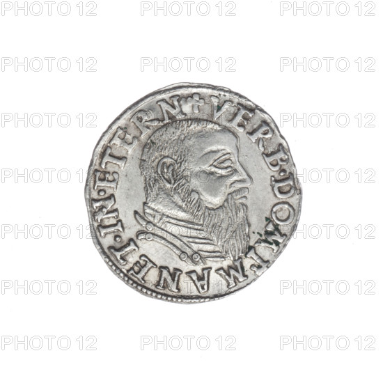 Trojak by Michael Stoltz (fl. ca. 1540–1555), 1544. Obverse: male bust in armour turned right, with beard and sideburns; beaded border with inscription beginning with trefoil 'VERB.DOMI:MANET.IN.ETERN'. Reverse: continuous border with six-line inscription and numerals of value and date with trefoils 'III/.GROSS.AR/TRIP.FRID/.DVC.SLES./LEG.BREG/I544'. Subject: Frederick II (Duke of Brzeg-Legnica; 1480–1547); Piast dynasty iconography, busts and portraits of the ruler in armour. Silesia, Duchy of Brzeg-Legnica-Wolów, Legnica. Coin; diameter obverse 21.5 mm, reverse 20.9 mm; weight 2.51 g; axis 320°.