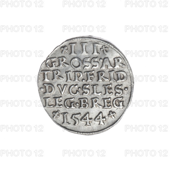 Trojak by Michael Stoltz (fl. ca. 1540–1555), depicting Frederick II, Duke of Brzeg-Legnica (1480–1547). Obverse: male bust in armour turned right, with beard and sideburns; beaded rim border with inscription beginning with a trefoil 'VERB.DOMI:MANET.IN.ETERN'. Reverse: continuous border inscription in six lines with numerals of value and date and trefoils 'III/.GROSS.AR/TRIP.FRID/.DVC.SLES./LEG.BREG/I544'. Dated 1544. Silesia, Duchy of Brzeg-Legnica-Wolów, Legnica. Coin (trojak), diameter 21.5 mm (another measurement 20.9 mm), weight 2.51 g, axis 320°.