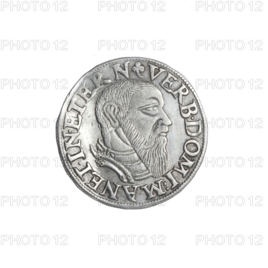 Male bust in armour turned right, with a beard and sideburns; rim with a pearl border and inscription beginning with a trefoil VERB.DOMI:MANET.IN.ETERN. Continuous border inscription in six lines, side numerals of value and date trefoils III/GROSS:AR./TRIP:FRID/DVC:SLES./LEG:BREG./I544. Portrait of Frederick II (Duke of Brzeg-Legnica; 1480–1547). Piast dynasty iconography; busts and portraits of rulers, ruler in armor. Coin, 1544, Silesia, Duchy of Brzeg-Legnica-Wolów, Legnica; diameter 21.0 mm, weight 2.35 g, axis 315°. Maker: Michael Stoltz (fl. ca. 1540–1555).