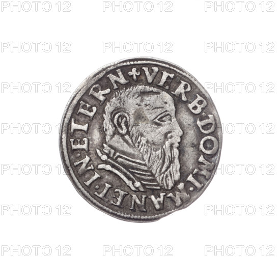 Male bust in armour turned right, with a beard and sideburns; on the rim in a pearl border an inscription beginning with a trefoil VERB.DOMI:MANET.IN.ETERN. In the continuous border an inscription in six lines, on the sides numerals of the value and date trefoils III/GROSS.AR/TRIP.FRID/DVC.SLES/LEG.BREG/I544. Depicts Frederick II (Duke of Brzeg-Legnica; 1480–1547). Piasts (family). Maker: Stoltz, Michael (fl. ca. 1540–1555). Coin, 1544, Silesia, Duchy of Brzeg-Legnica-Wolów, Legnica; diameter 21.8 mm, weight 2.53 g, axis 315°.