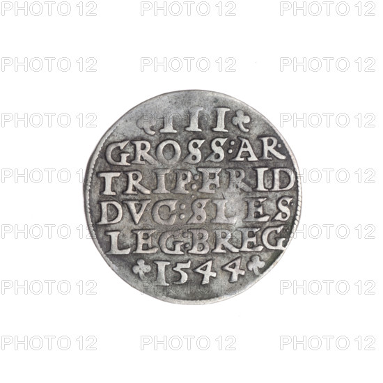 Trojak by Michael Stoltz (fl. ca. 1540–1555), 1544. Silver coin (trojak), diameter 21.2 mm, weight 2.60 g, axis 270°. Obverse: male bust in armour turned right, with beard and sideburns; beaded rim with inscription beginning with a trefoil: 'VERB.D, I:MANET.IN.ETERN' (partial). Reverse: continuous border with a six-line inscription and numerals of value and date with trefoils: 'III/GROSS:AR./TRIP:FRID/DVC:SLES/LEG:BREG./I544'. Iconography: busts and portraits of Frederick II (Duke of Brzeg-Legnica; 1480–1547), Piast dynasty; portraits of the ruler in armour, bust of the ruler to the right. Origin: Silesia, Duchy of Brzeg-Legnica-Wolów (Legnica).