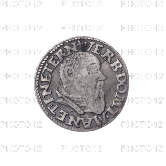 Trojak, maker Stoltz, Michael (fl. ca. 1540–1555). Obverse: male bust in armour turned right, with beard and sideburns; pearl-border inscription beginning with a trefoil: VERB.DOMI:MANET.IN ETERN. Reverse: continuous border inscription in six lines, side numerals of value and date with trefoils: III/.GROSS.AR/.TRIP.FRID/DVC.SLES./LEG.BREG./I544. Date: 1544. Region: Silesia, Duchy of Brzeg-Legnica-Wolów, Legnica. Coin; diameter 21.1 mm; weight 1.89 g; axis 180°. Subjects/themes: Frederick II (Duke of Brzeg-Legnica; 1480–1547), Piast family; busts, portraits of rulers; ruler depicted in armour.