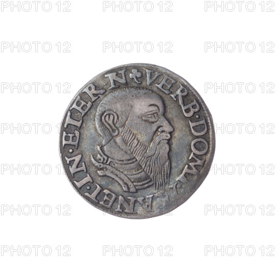 Male bust in armour turned right, with a beard and sideburns; rim with pearl border and inscription beginning with trefoil 'VERB.DOMI:MANET.IN.ETERN'. Continuous border inscription in six lines; on the sides numerals of value and date with trefoils 'III/GROSS:AR./TRIP:FRID/DVC:SLES./LEG:BREG./I544'. 1544. Maker: Michael Stoltz (fl. ca. 1540–1555). Depicts Frederick II, Duke of Brzeg-Legnica (1480–1547); Piast dynasty iconography, bust/portrait of the ruler in armour, bust facing right. Silesia, Duchy of Brzeg-Legnica-Wolów, Legnica. Coin; diameter 21.0 mm; weight 2.38 g; axis 300°.