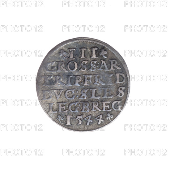 Male bust in armour turned right, with a beard and sideburns; rim with a pearl border and an inscription beginning with a trefoil 'VERB.DOMI:MANET.IN.ETERN'. Continuous border inscription in six lines and on the sides numerals of value and date with trefoils 'III/GROSS:AR./TRIP:FRID/DVC:SLES./LEG:BREG./I544'. Trojak by Michael Stoltz (fl. ca. 1540–1555), 1544. Depicts Frederick II, Duke of Brzeg-Legnica (1480–1547) — Piast family, bust/portrait of the ruler in armour, bust turned right. Coin; Silesia, Duchy of Brzeg-Legnica-Wolów, Legnica. Diameter 21.0 mm, weight 2.38 g, axis 300°.