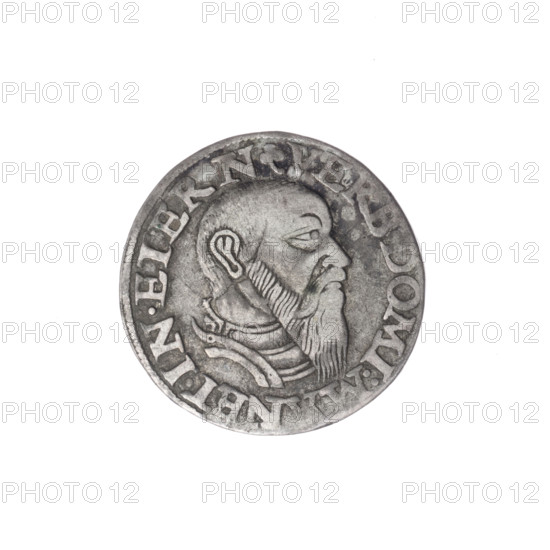 Male bust in armour turned right with beard and sideburns; obverse rim in a pearl border with an inscription beginning with a trefoil VERB.DOMI:MANET.IN.ETERN. Reverse continuous border inscription in six lines with numerals of value and date and trefoils reading III/GROSS:A, /TRIP:FRID/DVC:SLES./LEG:BREG./I544. Depicts Frederick II (Duke of Brzeg-Legnica; 1480–1547). Iconography: busts, portraits of rulers, portrait of the ruler in armor; Piast dynasty. Coin, 1544; Silesia, Duchy of Brzeg-Legnica-Wolów, Legnica. Diameter 21.0 mm, weight 2.80 g, axis 135°. Makers attributed: Stoltz, Michael (fl. ca. 1540–1555); trojak.