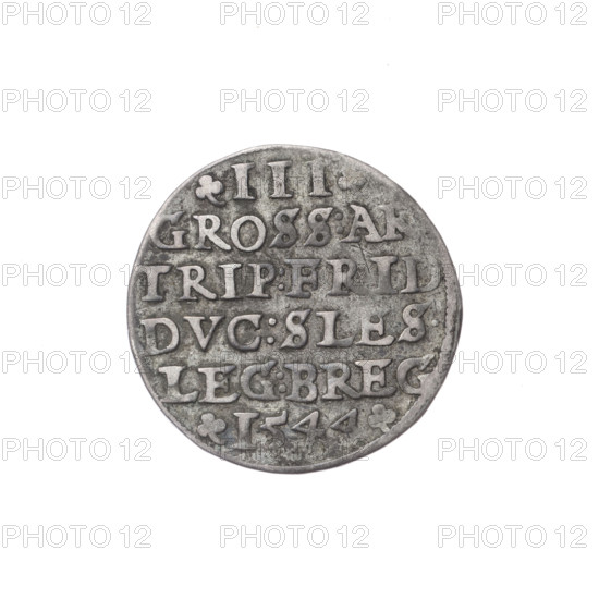Obverse: Male bust in armour turned right, with a beard and sideburns; in the rim a pearl border and an inscription beginning with a trefoil VERB.DOMI:MANET.IN.ETERN. Reverse: In a continuous border an inscription in six lines with numerals of value and date on the sides: trefoils III/GROSS:A, /TRIP:FRID/DVC:SLES./LEG:BREG./I544. Maker: Stoltz, Michael (fl. ca. 1540–1555). Subject/iconography: Frederick II (Duke of Brzeg–Legnica; 1480–1547) — busts, portraits of rulers, portrait of the ruler in armor; Piast dynasty. Date/place: 1544, Silesia, Duchy of Brzeg–Legnica–Wolów, Legnica. Object: Coin; diameter 21.0 mm; weight 2.80 g; axis 135°.