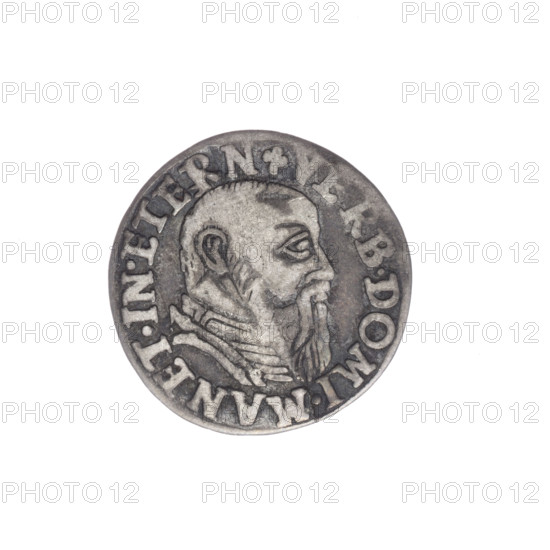 Male bust in armour turned right, with a beard and sideburns; obverse rim with pearl border and inscription beginning with a trefoil VERB.DOMI.MANET.IN.ETERN; reverse continuous border with six-line inscription and side numerals of value and date trefoils III/GROSS.AR/TRIP.FRID/.DVC.SLES./LEG.BREG/I544. Coin dated 1544, struck in Silesia (Duchy of Brzeg–Legnica–Wolów, Legnica). Maker: Stoltz, Michael (fl. ca. 1540–1555). Depicts Frederick II (Duke of Brzeg–Legnica; 1480–1547); iconography: busts, portraits of rulers, portrait of the ruler in armor. Coin: diameter 20.8 mm, weight 2.14 g, axis 90°.