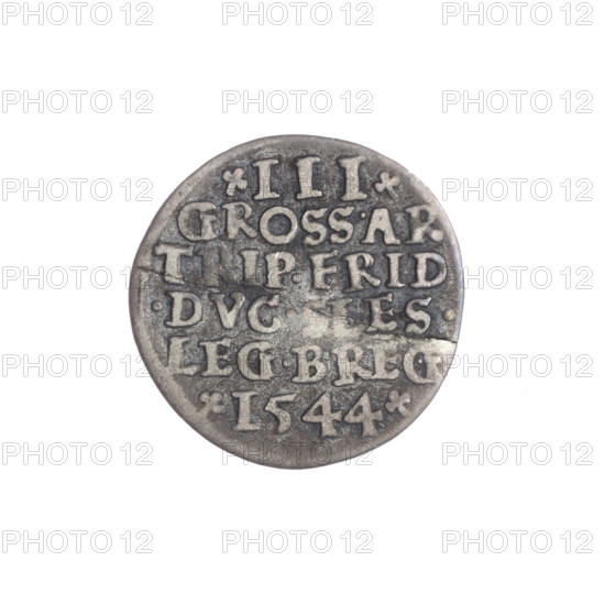 Male bust in armour turned right, with a beard and sideburns; obverse rim in a pearl border with an inscription beginning with a trefoil VERB.DOMI.MANET.IN.ETERN. Reverse continuous border inscription in six lines, side numerals of value and date with trefoils III/GROSS.AR/TRIP.FRID/.DVC.SLES./LEG.BREG/I544. 1544. Silesia, Duchy of Brzeg–Legnica–Wolów, Legnica. Coin (trojak), diameter 20.8 mm, weight 2.14 g, axis 90 degrees. Maker: Michael Stoltz (fl. ca. 1540–1555). Portrait/subject: Frederick II, Duke of Brzeg–Legnica (1480–1547); iconography: busts, portraits of rulers, portrait of the ruler in armour, bust turned right.