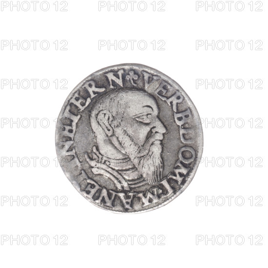 Male bust in armour turned right, with a beard and sideburns; beaded rim with an inscription beginning with a trefoil VERB.DOMI:MANE, N.ETERN Rw. Continuous border inscription in six lines; side numerals of value and date trefoils III/GROSS:AR./TRIP:FRID/DVC:SLES./LEG:BREG./I545. 1545. Silesia, Duchy of Brzeg-Legnica-Wolów, Legnica. Coin; diameter 20.9 mm; weight 2.68 g; axis 180 degrees. Portrait of Frederick II (Duke of Brzeg-Legnica; 1480–1547); Piast dynasty. Maker: Michael Stoltz (fl. ca. 1540–1555).