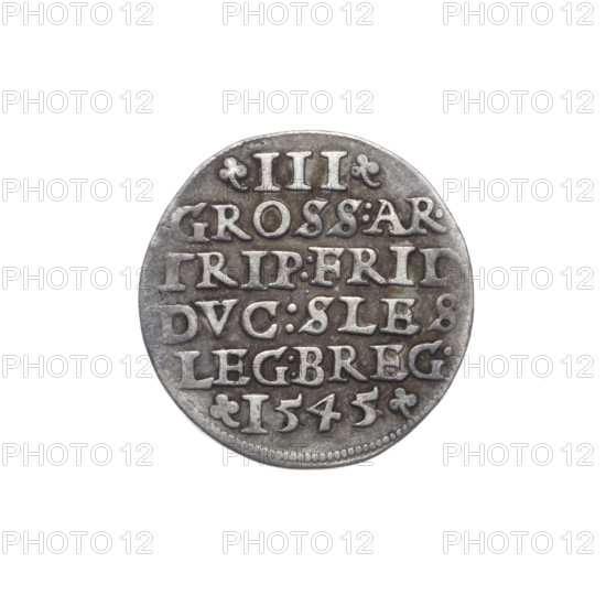 Male bust in armour turned right, with a beard and sideburns; beaded rim with inscription beginning with a trefoil VERB.DOMI:MANE, N.ETERN Rw. Continuous border inscription in six lines; on the sides numerals of value and date with trefoils III/GROSS:AR./TRIP:FRID/DVC:SLES./LEG:BREG./I545. Dated 1545. Maker: Michael Stoltz (fl. ca. 1540–1555). Depicts Frederick II (Duke of Brzeg-Legnica; 1480–1547), Piast dynasty iconography; bust/portrait of ruler in armour, bust turned right. Coin, diameter 20.9 mm, weight 2.68 g, axis 180°. Region: Silesia, Duchy of Brzeg-Legnica-Wolów, Legnica.