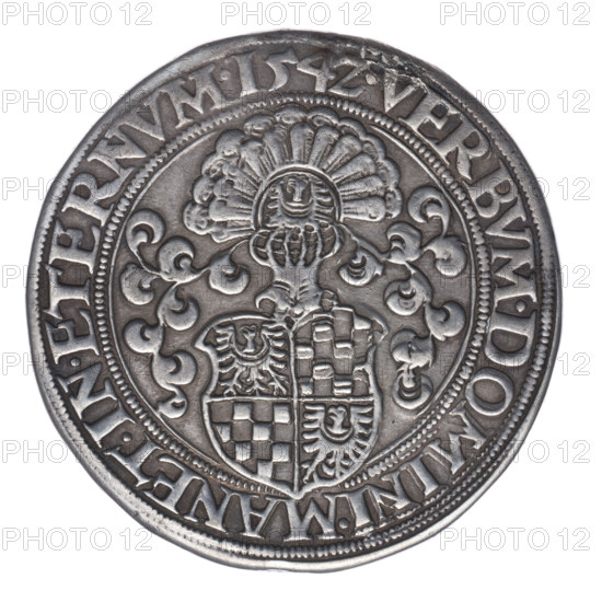 Thaler by Michael Stoltz (fl. ca. 1540–1555), 1542. Obverse: male bust of Frederick II, Duke of Brzeg-Legnica (1480–1547), turned right, with beard and sideburns, wearing a bonnet and coat with a wide collar fastened on the chest with a chain; rim inscription +FRIDERI.DGDVX.SLESI.LEGENICZ.BRIGEN. Reverse: four-field coat of arms of the Duchy of Legnica–Brzeg topped with a jewel with labres; rim inscription VERBVM.DOMINI.MANET.IN.ETERNVM.I54Z. Silesia, Duchy of Brzeg–Legnica–Wolów, Legnica. Coin (thaler), diameter 41.2 mm, weight 27.92 g, axis 330°.