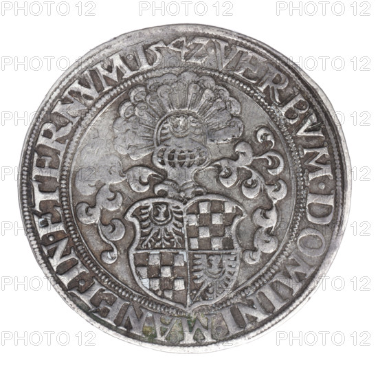 Thaler by Michael Stoltz (fl. ca. 1540–1555) depicting Frederick II, Duke of Brzeg-Legnica (1480–1547). Obverse: male bust turned right with beard and sideburns, wearing a bonnet and coat with a wide collar; rim inscription '+FRIDERI.DGDVX.SLESI.LEGENICZ.BRIGEN'. Reverse: four-field coat of arms of the Duchy of Legnica–Brzeg topped with a jewel with labres; rim inscription 'VERBVM.DOMINI.MANET.IN.ETERNVM.1542'. 1542. Silesia, Duchy of Brzeg–Legnica–Wolów, Legnica. Coin; diameter 40.4 mm; weight 28.72 g; axis 50°.