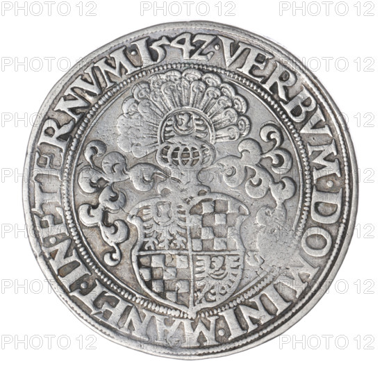 Thaler by Michael Stoltz (fl. ca. 1540–1555), 1542. Obverse: male bust turned right with beard and sideburns, wearing a bonnet and coat with a wide collar; rim inscription +FRIDERI.DGDVX.SLESI.LEGENICZ.BRIGEN. Reverse: four-field coat of arms of the Duchy of Legnica–Brzeg topped with a jewel with labres; rim inscription VERBVM.DOMINI.MANET.IN.ETERNVM.I54Z. Depicts Frederick II (Duke of Brzeg–Legnica; 1480–1547); iconography includes busts of the ruler and coats of arms. Silver coin (thaler), dia. 40.8 mm, weight 28.69 g, axis 45°. Silesia, Duchy of Brzeg–Legnica–Wolów, Legnica.