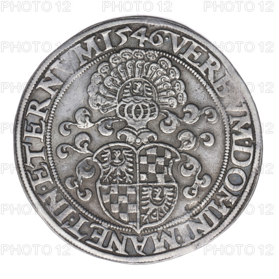 Thaler by Michael Stoltz (fl. ca. 1540–1555), 1546. Obverse: male bust of Frederick II, Duke of Brzeg-Legnica (1480–1547), turned right, bearded, wearing a bonnet and coat with wide collar and chain; rim inscription beginning with a rosette FRIDERI·D G V X·SLES I·LEGENICZ·BRIGEN. Reverse: four-field coat of arms of the Duchy of Legnica–Brzeg topped with a jewel with labres; rim inscription VERBVM·DOMINI·MANET·IN·ETERNVM·I546. Silver coin (thaler), diameter 41.0 mm, weight 28.96 g, axis 180°.