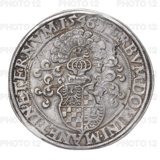Thaler, 1546. Obverse: male bust of Frederick II (Duke of Brzeg-Legnica; 1480–1547) turned right, with beard and sideburns, wearing a bonnet and coat with a wide collar and chain; rim inscription beginning with a rosette FRIDERI.DGDVX.SLESI.LEGENICZ.BRIGEN. Reverse: four-field coat of arms of the Duchy of Legnica-Brzeg topped with a jewel and labres; rim inscription VERBVM.DOMINI.MANET.IN.ETERNVM.I546. Material: coin; diameter 42.0 mm; weight 29.12 g; axis 180°. Subjects/attributes: busts, portraits of rulers, heraldic shields, Duchy of Legnica-Brzeg (coat of arms), Piast dynasty iconography.