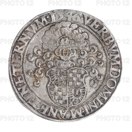 Thaler, Michael (fl. ca. 1540–1555). Obverse: Male bust turned right with beard and sideburns, wearing a bonnet and a coat with a wide collar and chain; rim inscription beginning with a rosette FRIDERI·D G V X·SLES I·LEGENICZ·BRIGEN. Reverse: Four-field coat of arms of the Duchy of Legnica–Brzeg topped with a jewel and labres; rim inscription VERBVM·DOMINI·MANET·IN·ETERNVM·I546. 1546. Silesia, Duchy of Brzeg–Legnica–Wolów (Legnica). Coin; diameter 39.6 mm; weight 29.15 g; axis 45°. Subjects: Frederick II (Duke of Brzeg–Legnica; 1480–1547), Piast dynasty; iconography includes coats of arms, shields, bust portrait of the ruler to the right.